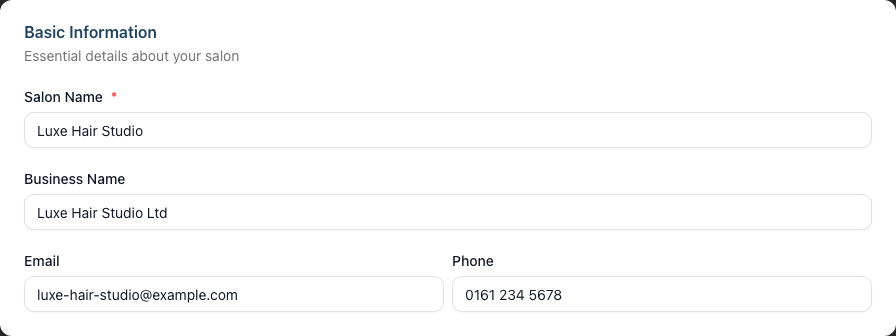 The Basic Information card with Salon Name, Business Name, Email and Phone fields