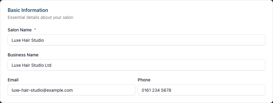 The Basic Information card with Salon Name, Business Name, Email and Phone fields