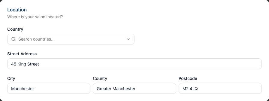 The Location card with the Country selector and the address, city, county and postcode fields