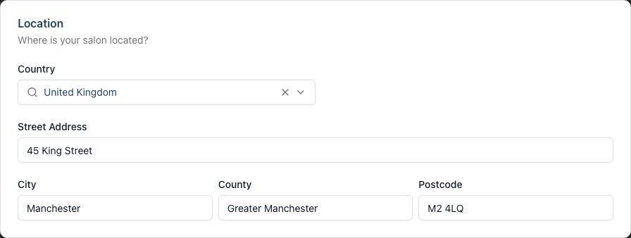 The Location card with the Country selector and the address, city, county and postcode fields