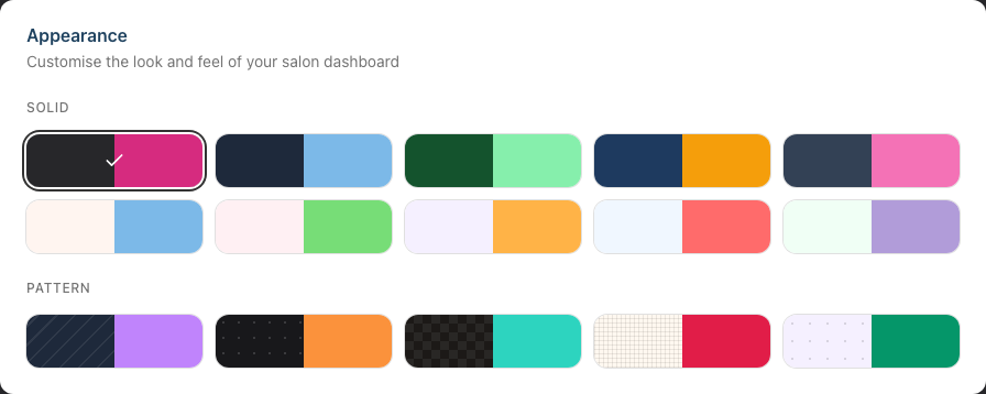 The Themes sub-tab showing the Solid and Pattern theme swatches, with a tick on the selected theme