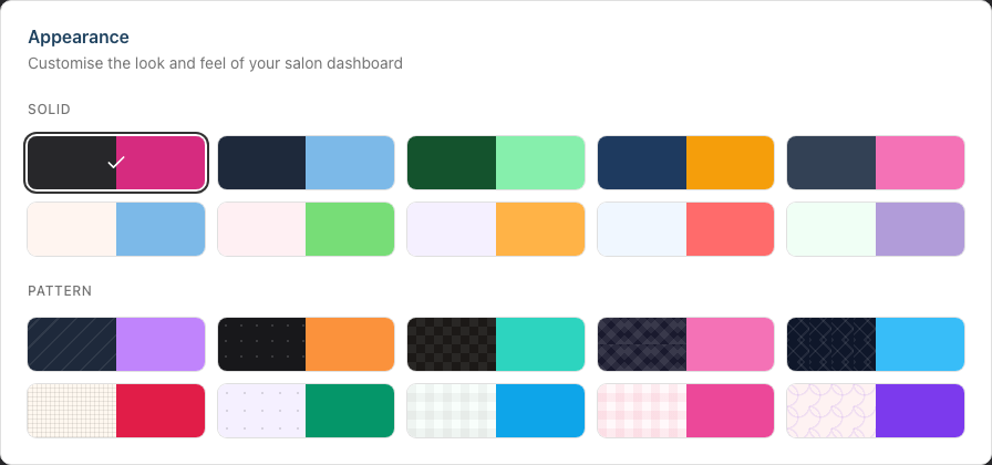 The Themes sub-tab showing the Solid and Pattern theme swatches, with a tick on the selected theme