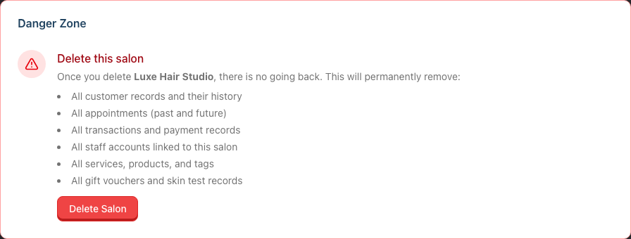 The Danger Zone card listing the data that will be permanently removed, with a Delete Salon button