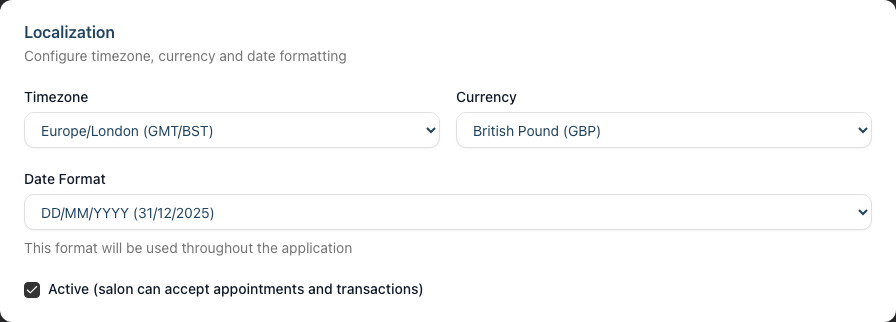 The Localization card on the salon Details tab, with Timezone, Currency and Date Format selectors