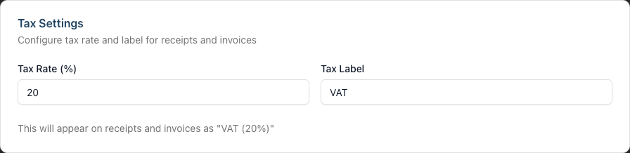 The Tax Settings card showing the Tax Rate and Tax Label fields with a live receipt preview below