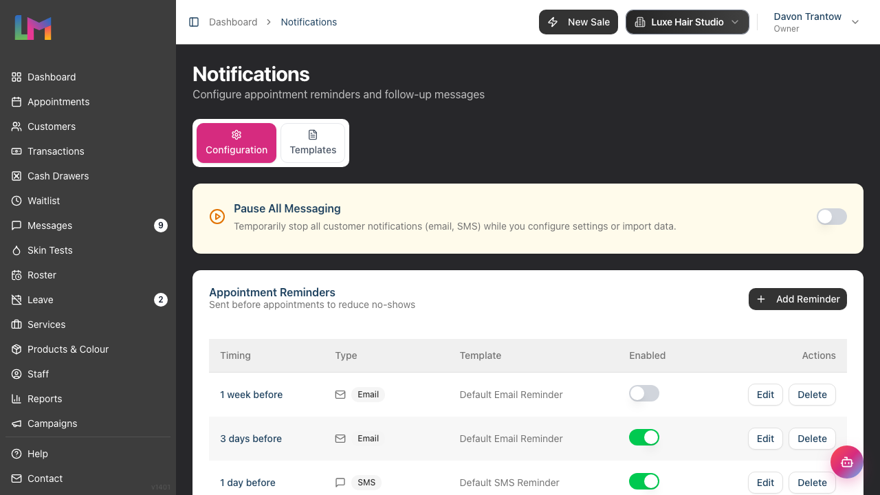 The Notifications page with the Configuration and Templates tabs and the Pause All Messaging card at the top
