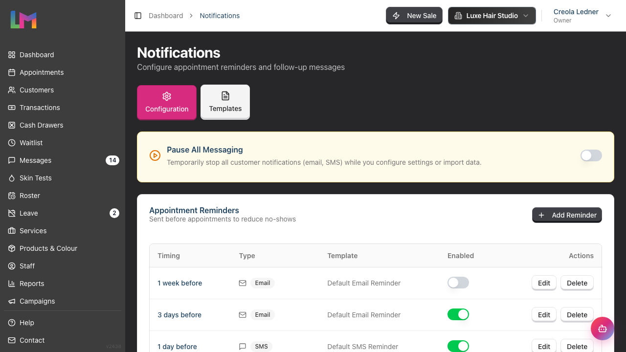 The Notifications page with the Configuration and Templates tabs and the Pause All Messaging card at the top