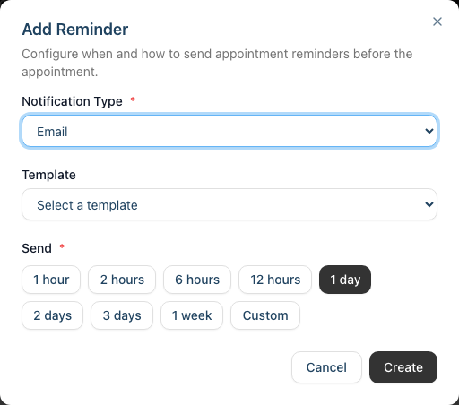 The Add Reminder dialog with the notification type, template and send-timing controls