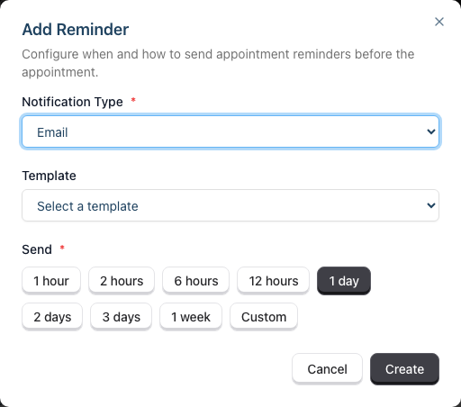 The Add Reminder dialog with the notification type, template and send-timing controls