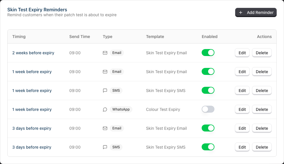 The Skin Test Expiry Reminders table showing timing, send time, channel and template for patch-test expiry reminders