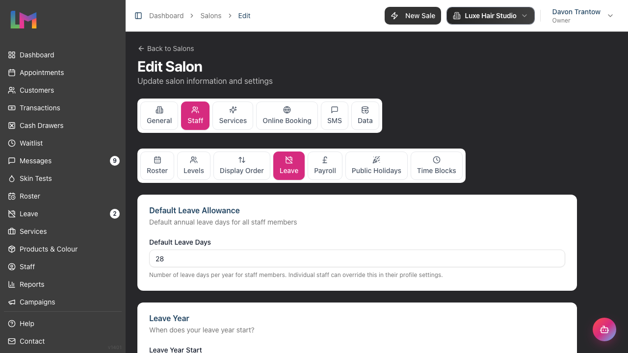 The Staff tab with the Leave sub-tab selected, showing the Default Leave Allowance card