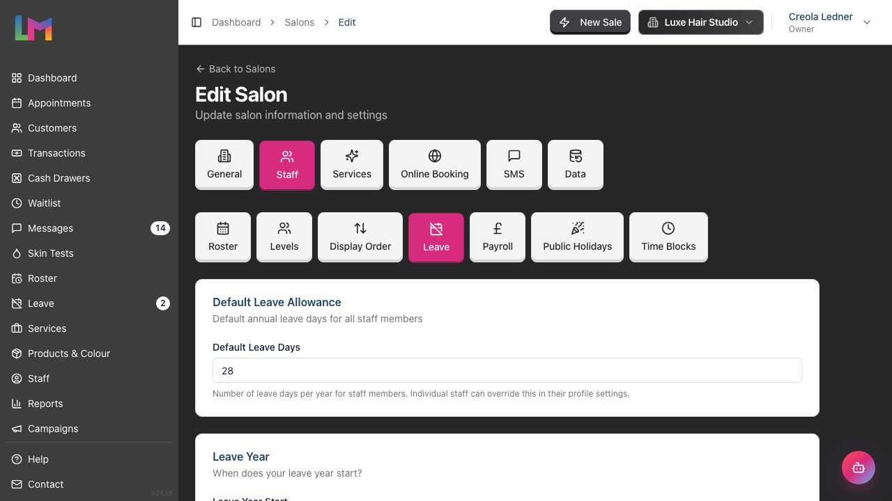 The Staff tab with the Leave sub-tab selected, showing the Default Leave Allowance card
