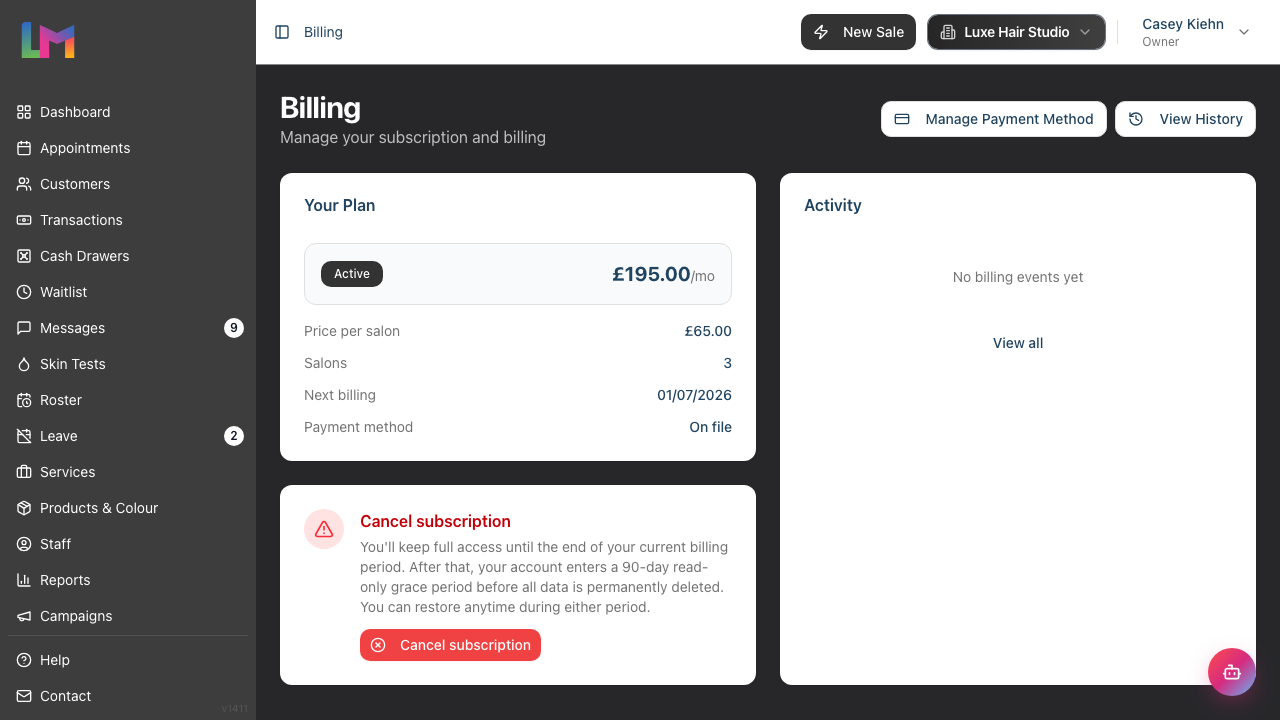 The Billing page showing the Your Plan card alongside the Activity feed