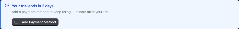 The trial banner on the billing page with the Add Payment Method button