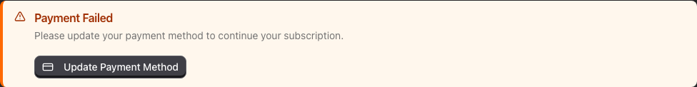 The Payment Failed banner on the billing page with the Update Payment Method button