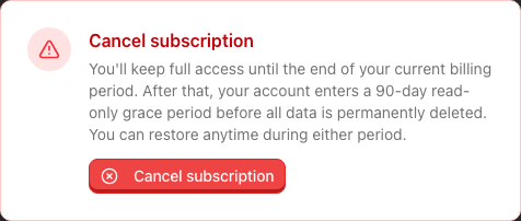 The Cancel subscription panel at the bottom of the billing page, outlined in red with a warning icon and a destructive Cancel subscription button
