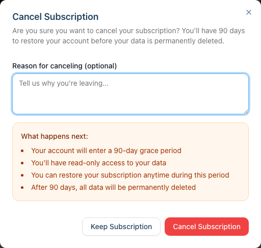 The cancellation confirmation dialog, showing the optional reason field and a