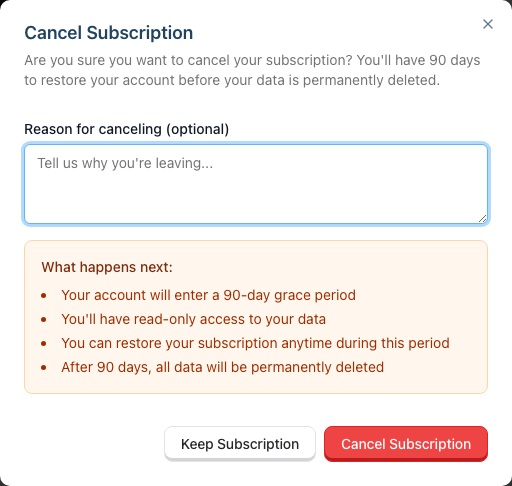 The cancellation confirmation dialog, showing the optional reason field and a 