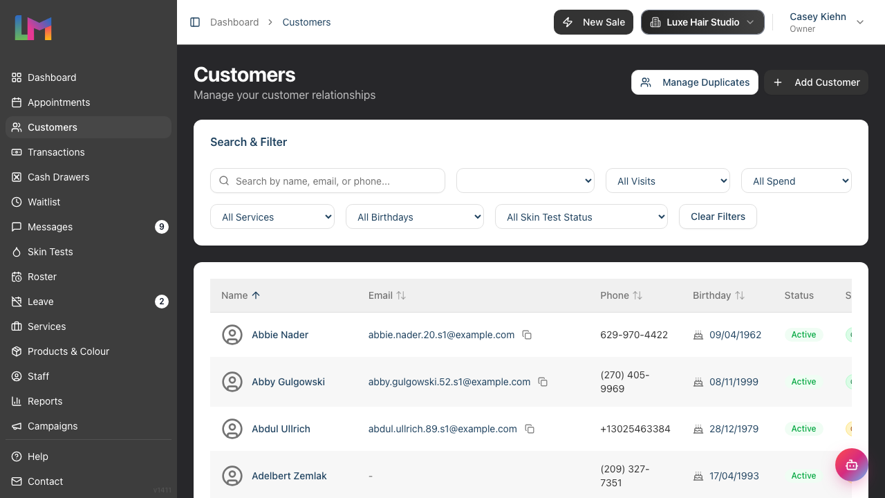 The Customers list showing the Search & Filter card with the search box and status filter