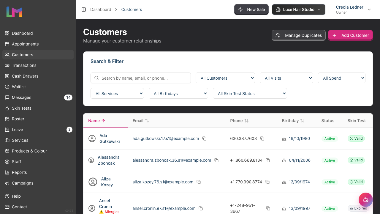 The Customers list showing the Search & Filter card with the search box and status filter