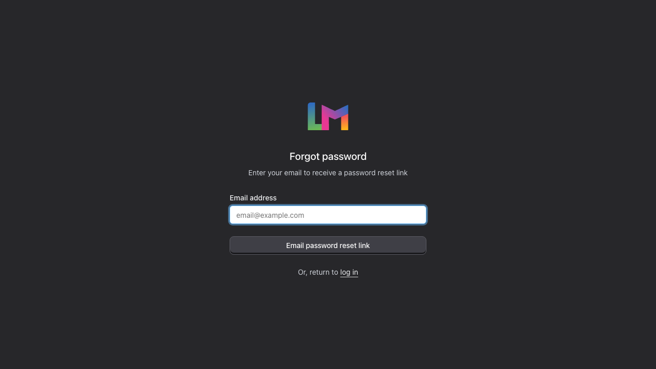 The Forgot password page, with an email address field and the Email password reset link button