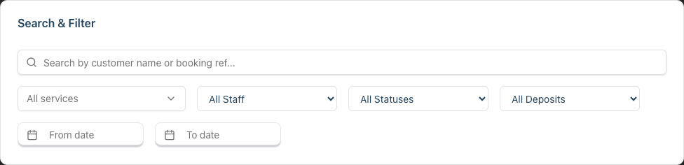 The Search and Filter card in the Appointments List view, showing the staff, status and deposit dropdowns and the date range fields