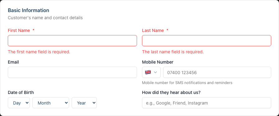 The New Customer form's Basic Information card after submitting with empty required fields, showing red labels, red input borders and