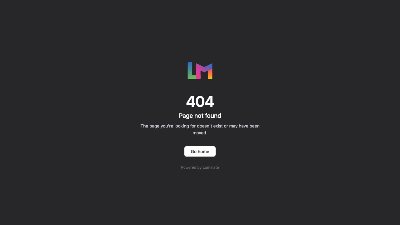 The full-page 404 error screen showing the Luminate logo, the number 404, the heading
