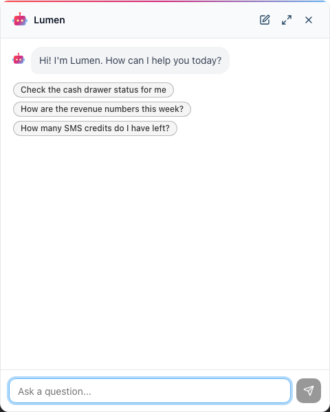 The opened Lumen widget showing the greeting and a row of suggestion chips above the message input