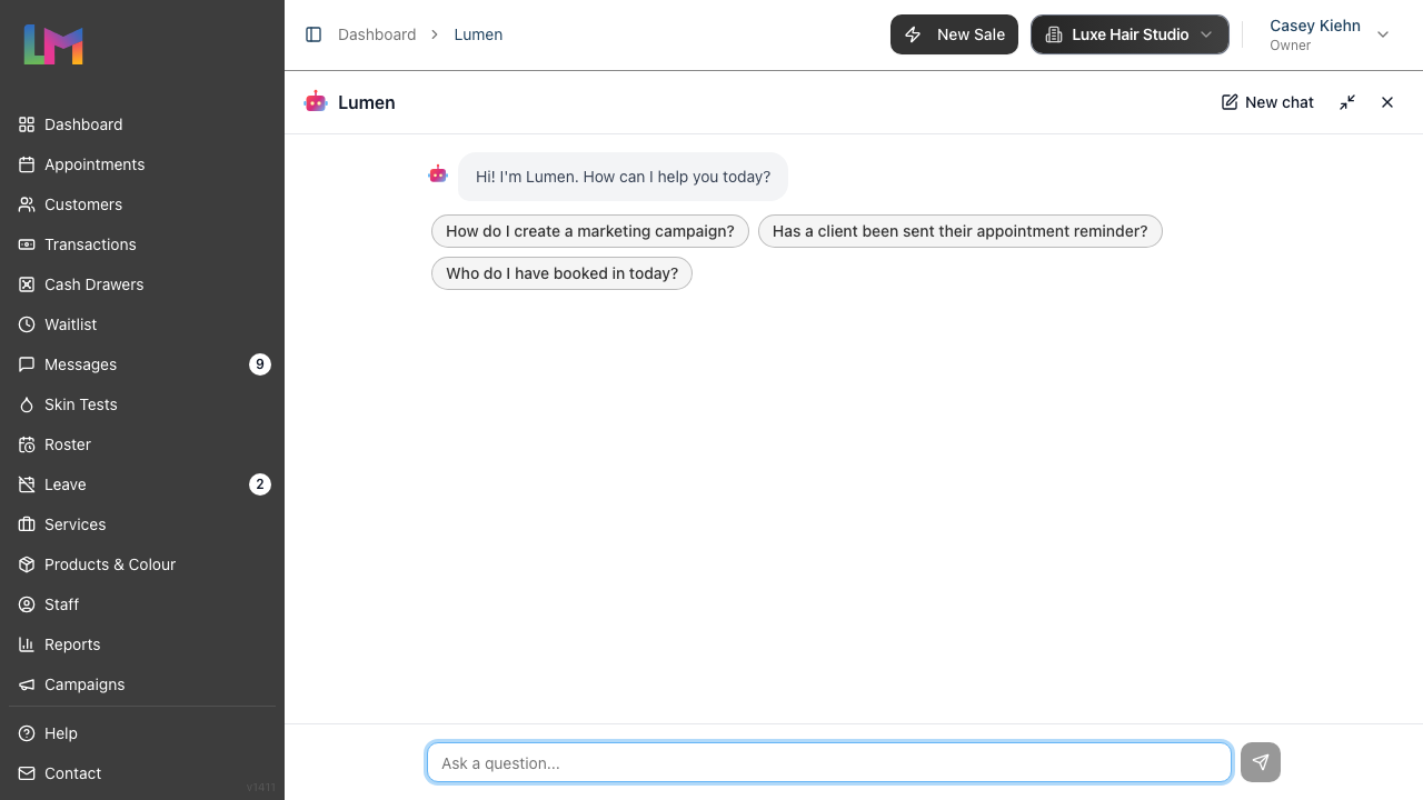 The Lumen full-page view, with the New chat, minimize, and close controls in the top-right of the header