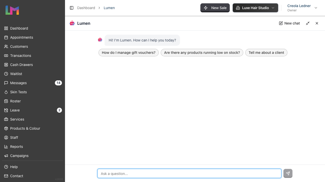 The Lumen full-page view, with the New chat, minimize, and close controls in the top-right of the header