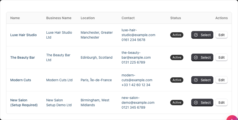 The My Salons table listing four salons with their business name, location, contact details and status, each row offering Select and Edit buttons