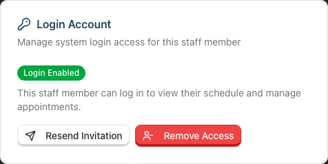 The Login Account card on a staff member's page, showing a green Login Enabled badge with Resend Invitation and Remove Access buttons