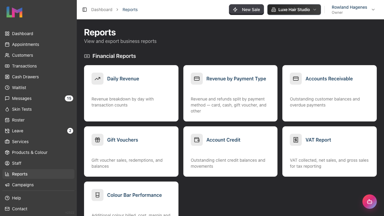 The Reports index as an owner sees it, with the full sidebar and the Financial Reports group showing Daily Revenue, Revenue by Payment Type, Accounts Receivable, Gift Vouchers, Account Credit, VAT Report and Colour Bar Performance