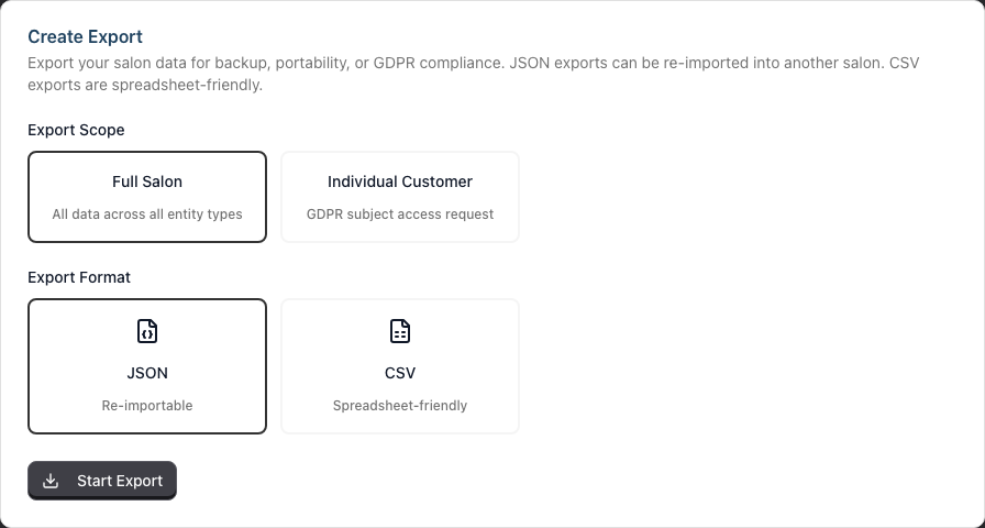 The Create Export card with Full Salon and Individual Customer scope options, JSON and CSV format options, and a Start Export button