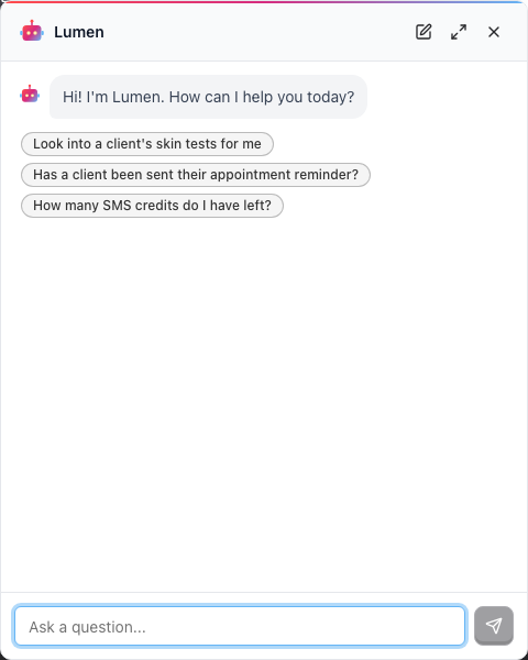 The Lumen chat widget open in the bottom-right corner, with its greeting, three suggested questions, and New chat, Open full page and Close chat controls in the header