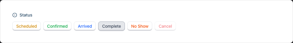 The Status card on an appointment, showing the Scheduled, Confirmed, Arrived, Complete, No Show and Cancel buttons with Complete currently selected