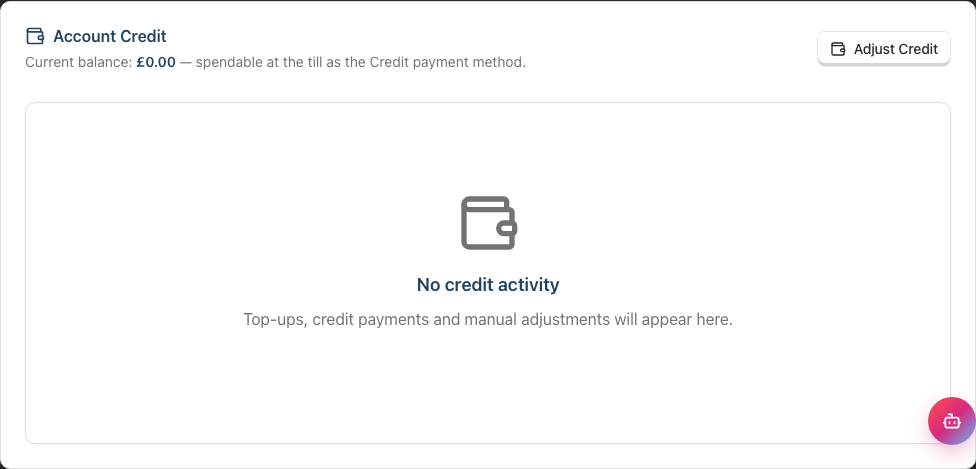 The Account Credit card on a customer's Billing tab, showing the current balance, the Adjust Credit button, and an empty credit activity list
