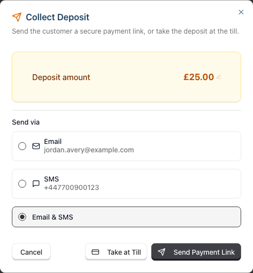 The Send Payment Link and Take at Till options in the deposit dialog