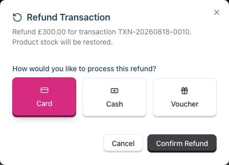 The Refund Transaction dialog with Card selected