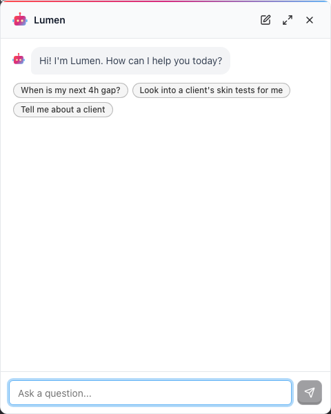 The Lumen chat widget open, with its header controls and suggested questions