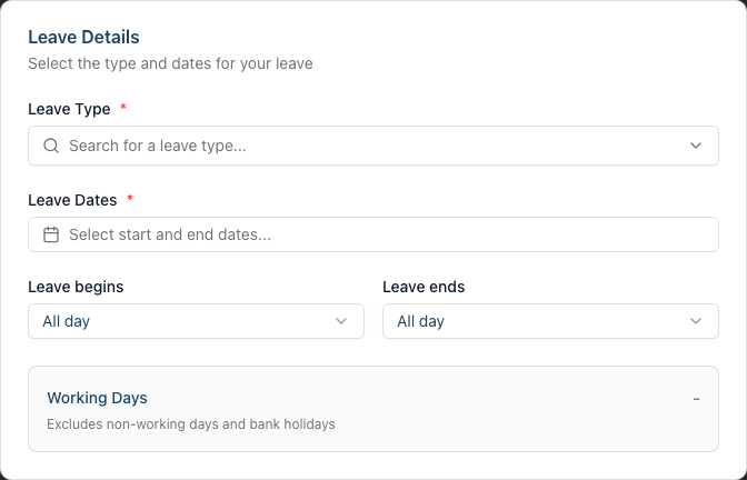 The Leave Details card with Leave Type, Leave Dates, Leave begins and Leave ends