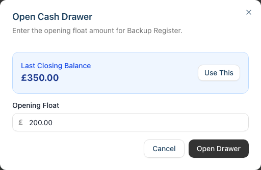 The Open Cash Drawer dialog with the Last Closing Balance panel, Use This button and Opening Float field