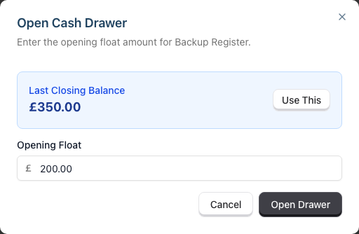 The Open Cash Drawer dialog with the Last Closing Balance panel, Use This button and Opening Float field