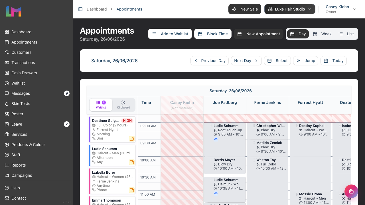 The appointments calendar in Day view with each staff member shown in their own column