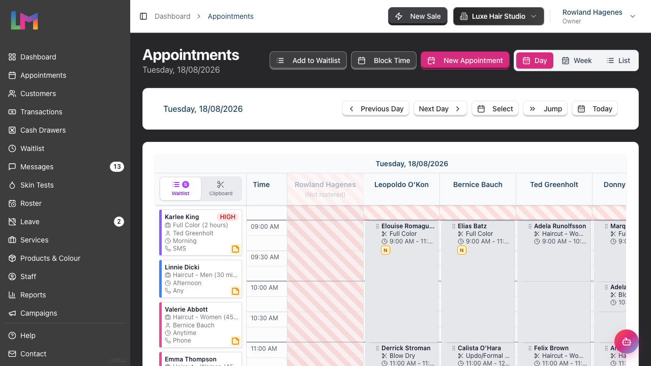 The appointments calendar in Day view with each staff member shown in their own column