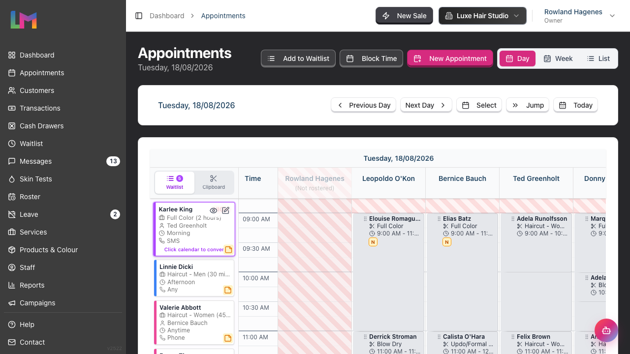 The Day view with a waitlist card selected, showing the Click calendar to convert hint beside the calendar