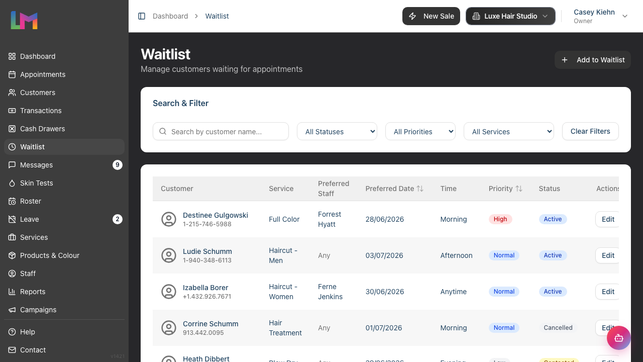 The Waitlist with its Customer, Service, Preferred Staff, Preferred Date, Time, Priority and Status columns