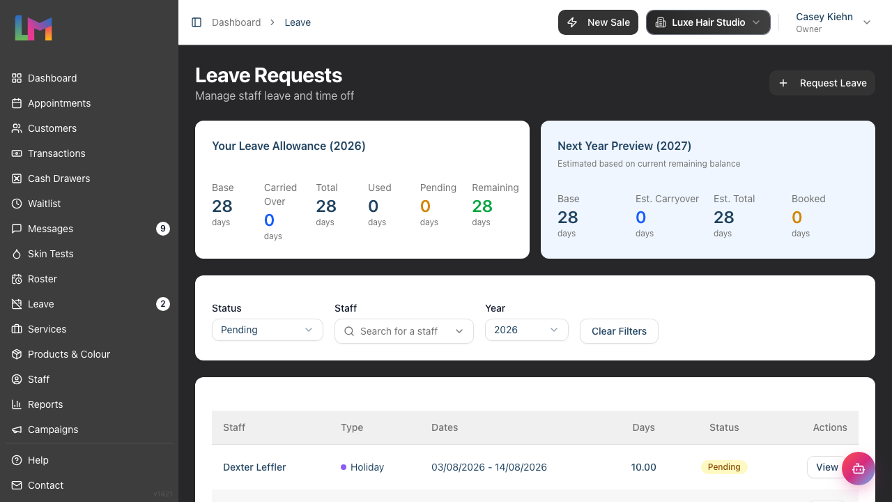 The Leave Requests list filtered to show only pending requests
