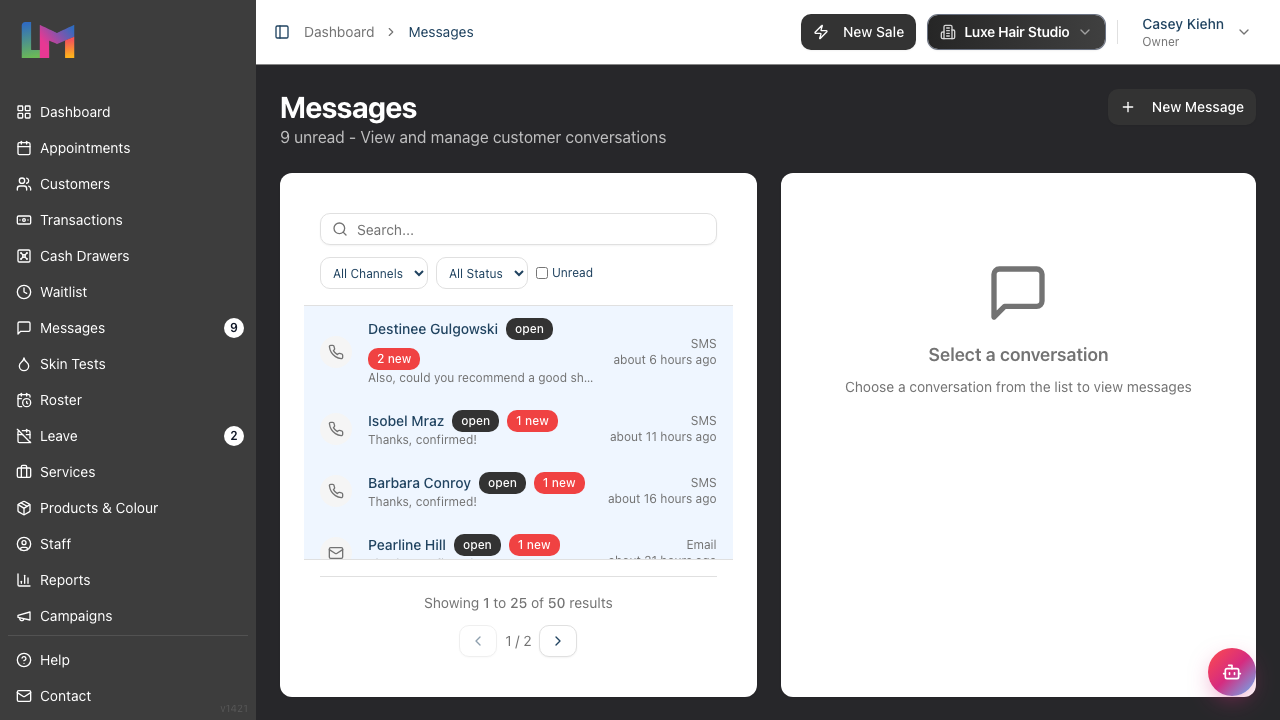 The Messages inbox with the conversation list and the channel and status filters